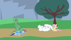 Size: 1200x680 | Tagged: safe, artist:mj-mysteriousjeff, angel bunny, fluttershy, rainbow dash, tank, hybrid, g4, bunnyshy, fluttershy the rabbit, ponified, race, rainbow dash the turtle, role reversal, species swap, the tortoise and the hare, wat