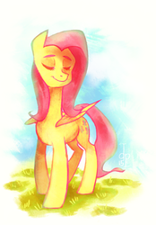 Size: 700x1005 | Tagged: safe, artist:maltese101, fluttershy, pegasus, pony, g4, eyes closed, female, grass, mare, solo, standing, turned head, wings