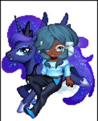 Size: 610x755 | Tagged: safe, artist:theanimefanz, derpibooru exclusive, princess luna, alicorn, human, pony, gamer luna, g4, clothes, dark skin, gaia online, headset, humanized, pants, pose, shirt, shoes, simple background, sitting, white background