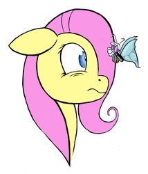 Size: 2457x2871 | Tagged: safe, artist:parassaux, fluttershy, oc, oc:turing test, butterfly, pegasus, pony, robot, fanfic:the iron horse: everything's better with robots, g4, bust, context is for the weak, floppy ears, frown, high res, simple background, stare, white background, wide eyes
