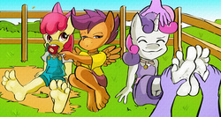 Size: 1400x747 | Tagged: safe, artist:zuneycat, apple bloom, scootaloo, sweetie belle, earth pony, anthro, plantigrade anthro, g4, barefoot, collar, cutie mark crusaders, feet, foot fetish, foot focus, pet play, soles, toes