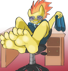 Size: 1200x1256 | Tagged: safe, artist:zuneycat, spitfire, anthro, plantigrade anthro, g4, barefoot, desk, feet, fetish, flats, foot fetish, foot focus, foot tease, soles, sunglasses, toes