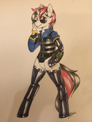 Size: 960x1280 | Tagged: safe, artist:azure-doodle, oc, oc only, oc:blackjack, cyborg, pony, unicorn, semi-anthro, fallout equestria, fallout equestria: project horizons, amputee, bipedal, bottle, cybernetic legs, fanfic, fanfic art, female, hooves, horn, mare, signature, smiling, solo, sunglasses, teeth, traditional art