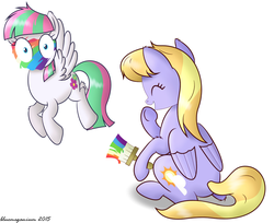 Size: 1074x878 | Tagged: safe, artist:bluemeganium, blossomforth, cloud kicker, pegasus, pony, g4, cloudforth, cute, duo, female, giggling, lesbian, paint, paint on fur, paintbrush, shipping