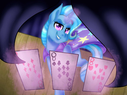 Size: 1600x1200 | Tagged: safe, artist:artistcoolpony, trixie, pony, unicorn, g4, card, female, mare, smiling, solo, stage
