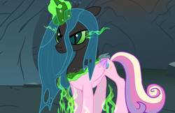 Size: 1024x665 | Tagged: safe, artist:moonsong19, artist:proenix, queen chrysalis, changeling, g4, disguise, disguised changeling, fake cadance, glowing eyes, glowing horn, horn