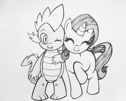 Size: 1680x1344 | Tagged: safe, artist:spikeramos, rarity, spike, g4, female, filly, male, monochrome, nuzzling, ship:sparity, shipping, straight, traditional art, younger