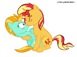 Size: 600x451 | Tagged: safe, artist:sketch-shepherd, lightning dust, sunset shimmer, pegasus, pony, unicorn, g4, blushing, duo, eyes closed, female, kiss on the lips, kissing, lesbian, lightningshimmer, mare, shipping, simple background, transparent background