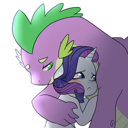 Size: 1500x1500 | Tagged: safe, artist:kianamai, rarity, spike, dragon, pony, unicorn, kilalaverse, g4, couple, female, hug, husband and wife, interspecies offspring, male, older, older spike, sad, ship:sparity, shipping, simple background, story included, straight, white background, winged spike, wings