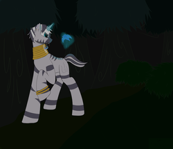 Size: 1280x1103 | Tagged: safe, artist:spirit-beat, zecora, pony, unicorn, zebra, g4, ear piercing, everfree forest, magic, piercing, poison joke, raised hoof, rule 63, solo, telekinesis