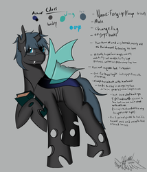 Size: 500x583 | Tagged: safe, artist:spirit-beat, oc, oc only, oc:forgery, changeling, amputee, broken horn, broken wing, fangs, glasses, horn, reference sheet, solo