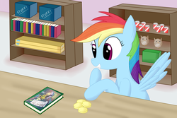 Size: 3000x2000 | Tagged: safe, artist:joey, rainbow dash, owl, g4, bits, book, female, high res, solo
