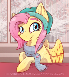 Size: 794x882 | Tagged: safe, artist:freckledbastard, fluttershy, pegasus, pony, g4, alternate hairstyle, beanie, bust, clothes, cute, female, hat, mare, portrait, scarf, shyabetes, solo