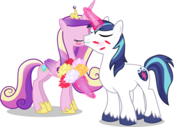 Size: 4584x3350 | Tagged: safe, artist:mit-boy, princess cadance, shining armor, g4, bouquet, female, flower, kiss mark, kissing, magic, male, ship:shiningcadance, shipping, simple background, straight, transparent background, vector