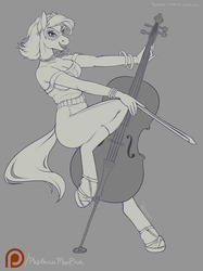 Size: 1498x2000 | Tagged: safe, artist:phathusa, octavia melody, earth pony, anthro, unguligrade anthro, g4, breasts, cello, eyeshadow, female, glasses, jewelry, lipstick, makeup, mirror world, monochrome, musical instrument, necklace, sandals, solo