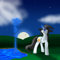 Size: 1280x1280 | Tagged: safe, artist:spirit-beat, oc, oc only, oc:camie, pony, unicorn, hat, magic, outdoors, telekinesis, water, wizard hat