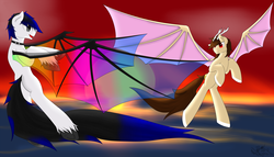 Size: 1280x732 | Tagged: safe, artist:spirit-beat, oc, oc only, oc:spirit beat, oc:storm, bat pony, pony, collar, flying