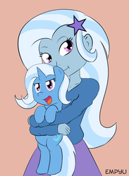 Size: 733x1000 | Tagged: safe, artist:empyu, trixie, human, unicorn, equestria girls, g4, 30 minute art challenge, :t, female, horn, hug, hug from behind, human ponidox, looking at you, mare, open mouth, self ponidox