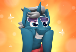 Size: 2907x2000 | Tagged: safe, artist:marsminer, fashion plate, pony, unicorn, g4, abstract background, chubby cheeks, face, faic, fashion reaction, featured image, grin, high res, male, smiling, solo, sparkles, squee, squishy cheeks, sunglasses