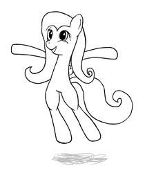 Size: 1050x1250 | Tagged: safe, artist:hoodie-stalker, fluttershy, pegasus, pony, g4, female, jumping, monochrome, raised hooves, simple background, sketch, solo, white background