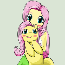 Size: 1300x1300 | Tagged: safe, artist:nekojackun, fluttershy, human, pony, equestria girls, g4, blushing, clothes, colored, cute, daaaaaaaaaaaw, drawing, holding a pony, human ponidox, long hair, looking at each other, open mouth, self ponidox, shyabetes, simple background, skirt