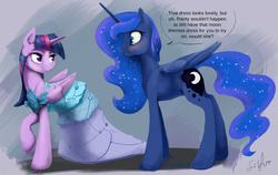 Size: 2668x1688 | Tagged: safe, artist:silfoe, princess luna, twilight sparkle, alicorn, pony, royal sketchbook, canterlot boutique, g4, :o, bedroom eyes, blushing, clothes, dialogue, dress, eye contact, female, lesbian, looking back, mare, missing accessory, open mouth, princess dress, raised hoof, ship:twiluna, shipping, smiling, that was fast, twilight sparkle (alicorn), wide eyes