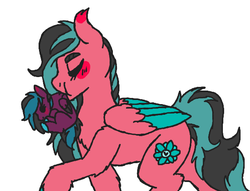 Size: 609x466 | Tagged: safe, artist:sexygoatgod, oc, oc only, oc:banana lilly, oc:razzmatazz gleam, hybrid, pegabat, pegasus, pony, blushing, duo, female, filly, foal, mare, mother, mother and child, mother and daughter, scruff