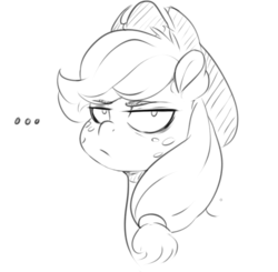 Size: 650x637 | Tagged: safe, artist:sundown, applejack, earth pony, pony, g4, ..., applejack is not amused, female, frown, lidded eyes, looking at you, monochrome, portrait, solo, unamused