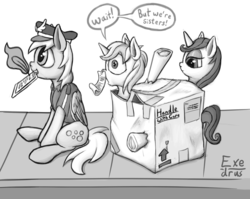 Size: 1706x1356 | Tagged: safe, artist:exedrus, derpibooru exclusive, derpy hooves, moonlight raven, sunshine smiles, pegasus, pony, unicorn, canterlot boutique, g4, cardboard box, female, hat, implied eclipcest, implied incest, implied shipping, magic, mailmare, mare, monochrome, mouth hold, package, pun, quill, ship:moonlightsmiles, shipper on deck, shipping, shipping denied, sidewalk, sisters, sitting, speech bubble, tape, underhoof, visual pun
