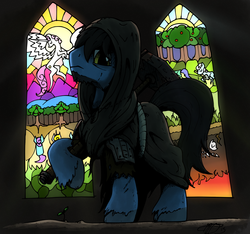 Size: 2309x2160 | Tagged: safe, artist:brisineo, oc, oc only, oc:gardener, fallout equestria, fallout equestria: gardener, cathedral, cloak, clothes, high res, monk, plant, shadows, sledgehammer, solo, stained glass