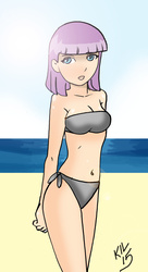 Size: 1024x1887 | Tagged: safe, artist:koku-chan, maud pie, human, g4, anime, bandeau, beach, belly button, bikini, cleavage, clothes, female, humanized, midriff, side-tie bikini, signature, solo, sun, swimsuit