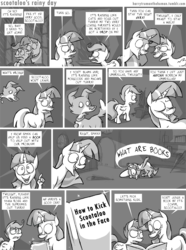 Size: 2422x3251 | Tagged: safe, artist:capnpea, scootaloo, spike, twilight sparkle, winona, dragon, pegasus, pony, unicorn, g4, book, comic, electric light orchestra, female, filly, hand, male, mare, missing cutie mark, monochrome, no pupils, rain, song reference, suddenly hands, twilight (song), umbrella, wat