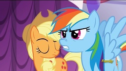 Size: 1600x900 | Tagged: safe, applejack, rainbow dash, g4, horses doing horse things, snorting