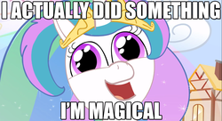 Size: 1279x697 | Tagged: safe, artist:piemations, edit, screencap, princess celestia, alicorn, pony, friendship is violence, g4, adorkable, caption, cloud, crown, cute, derp, dork, female, funny, i'm magical, image macro, impact font, jewelry, meme, my little prick, open mouth, ponyville, regalia, shiny eyes, smiling, solo, text, youtube