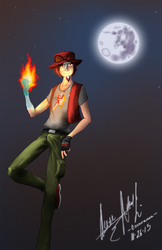 Size: 1100x1700 | Tagged: safe, artist:oscaranoa, oc, oc only, oc:hyper active, human, fire, humanized, humanized oc, mare in the moon, moon, solo