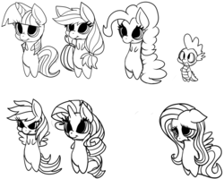 Size: 1280x1024 | Tagged: safe, artist:digitaldomain123, applejack, fluttershy, pinkie pie, rainbow dash, rarity, spike, twilight sparkle, g4, chibi, digital art, doodles, mane seven, mane six, monochrome, wittle