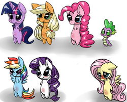 Size: 1280x1024 | Tagged: safe, artist:digitaldomain123, applejack, fluttershy, pinkie pie, rainbow dash, rarity, spike, twilight sparkle, g4, chibi, colored, digital art, doodle, mane seven, mane six, wittle