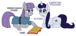 Size: 1070x506 | Tagged: safe, artist:kittiautum, maud pie, moonlight raven, earth pony, pony, unicorn, g4, book, female, lesbian, mare, open mouth, poetry, prone, ravenmaud, shipping