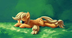 Size: 1399x750 | Tagged: dead source, safe, artist:maggwai, applejack, earth pony, pony, g4, female, hatless, looking at you, lying down, missing accessory, prone, solo, sploot