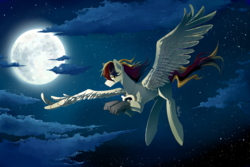 Size: 1300x869 | Tagged: safe, artist:skyeypony, oc, oc only, oc:silent flight, hippogriff, claws, flying, full moon, looking at you, moon, night, night sky, sky, solo, spread wings, starry night, wings