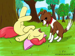 Size: 2800x2100 | Tagged: safe, artist:halflingpony, apple bloom, winona, dog, pony, g4, drool, duo, female, filly, foal, high res, lying down, on back, sleeping, snoring