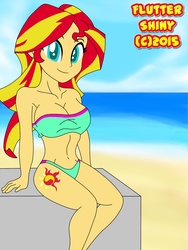Size: 1920x2560 | Tagged: safe, artist:tonylixious, sunset shimmer, equestria girls, g4, backwards cutie mark, beach, belly button, big breasts, breasts, busty sunset shimmer, clothes, colored pupils, female, solo, swimsuit