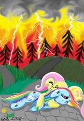 Size: 1172x1688 | Tagged: safe, artist:superdashiebros, fluttershy, rainbow dash, pony, g4, crying, duo, exhausted, female, fire, flower, forest, forest fire, injured, lesbian, lightning, ship:flutterdash, shipping, thunderstorm