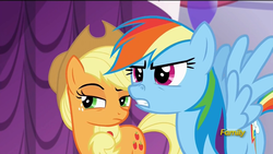 Size: 1280x720 | Tagged: safe, screencap, applejack, rainbow dash, canterlot boutique, g4, discovery family, discovery family logo, horses doing horse things, snorting, unconvinced applejack