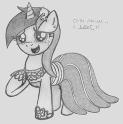Size: 1311x1324 | Tagged: safe, artist:lockerobster, sea swirl, seafoam, pony, g4, clothes, crying, cute, dress, female, gala dress, hairpin, implied anon, monochrome, seadorable, solo, tears of joy, traditional art