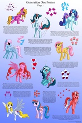Size: 3500x5250 | Tagged: safe, artist:starbat, buttons (g1), fizzy, galaxy (g1), gingerbread, gusty, heart throb, posey, shady, surprise, wind whistler, earth pony, pegasus, pony, twinkle eyed pony, unicorn, g1, blue background, bow, cutie mark, g1 to g4, generation leap, gradient background, simple background, tail bow, text