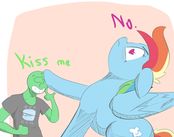 Size: 700x552 | Tagged: safe, artist:askcanadash, rainbow dash, oc, oc:anon, human, pony, g4, anon in equestria, anonymous, behaving like a cat, blushing, cute, dialogue, floppy ears, giant pony, grin, heart eyes, kiss me, macro, size difference, want it need it, wavy mouth, wingding eyes