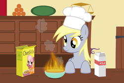 Size: 4500x3000 | Tagged: safe, artist:ohitison, cheerilee, derpy hooves, pegasus, pony, g4, bowl, cereal, cheerios, chef's hat, derpy being derpy, duo, female, fire, hat, high res, i just don't know what went wrong, male, mare, milk, parody, pimp hat, simpsons did it, solo, the simpsons, wat