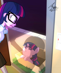 Size: 2972x3561 | Tagged: safe, artist:bluse, sci-twi, twilight sparkle, human, pony, unicorn, equestria girls, g4, adoption, baby, baby pony, babylight sparkle, box, cardboard box, cute, filly, filly twilight sparkle, foal, glasses, high res, human ponidox, looking at each other, my little twily, pony in a box, sad, self paradox, show accurate, signature, twiabetes, unicorn twilight, wide eyes