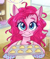 Size: 1700x2000 | Tagged: safe, artist:silbersternenlicht, pinkie pie, earth pony, pony, g4, alternate hairstyle, apron, blushing, clothes, cookie, cute, female, happy, heart, looking at you, mare, open mouth, oven mitts, smiling, solo